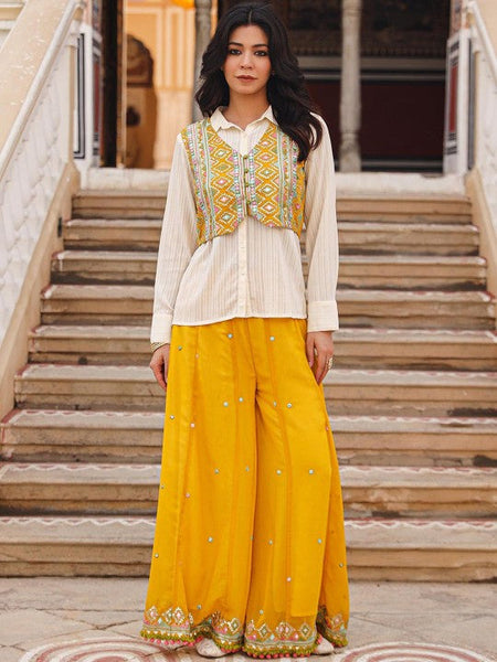 Women Striped Shirt With Palazzos & Embroidered Jacket Set Indo-Western Outfit VitansEthnics