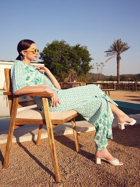 Women Sea Green Floral Printed Boat Neck Crop Top with Flared Palazzos Co-Ords Set VitansEthnics
