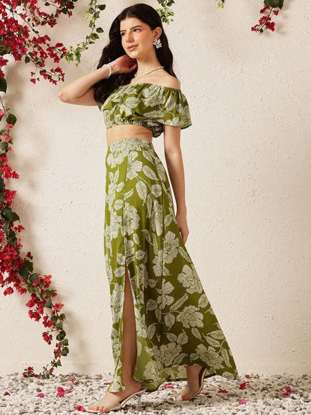 Women Green Printed Off Shoulder Crop Top With Flared Skirt Co-Ords Set VitansEthnics