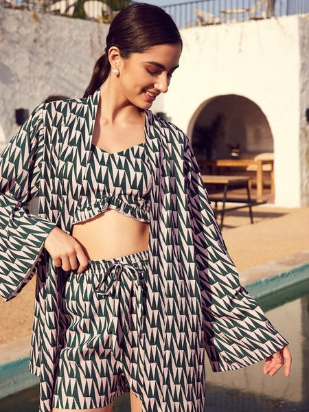 Women Pink & Green Geometric Printed Top With Short & Shrug Co-Ords Set VitansEthnics