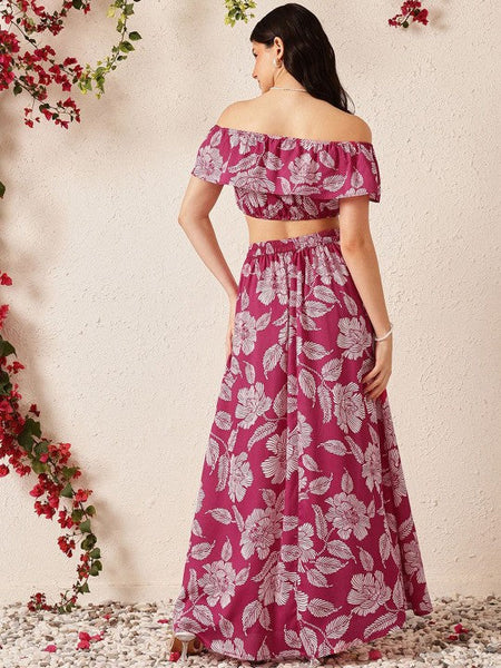 Women Pink Printed Off Shoulder Crop Top With Flared Skirt Co-Ords Set VitansEthnics
