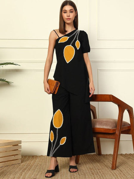 Women One Shoulder Patch Work Pure Cotton Top With Palazzos Set Indo-Western Outfit VitansEthnics