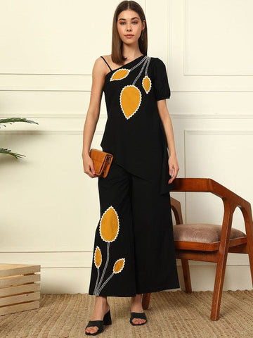 Women One Shoulder Patch Work Pure Cotton Top With Palazzos Set Indo-Western Outfit VitansEthnics