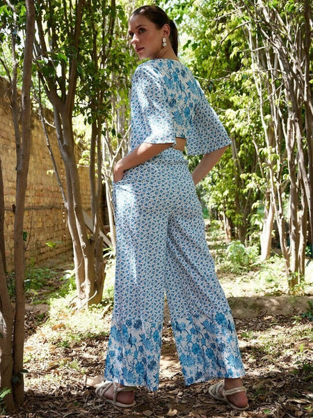 Women Floral Printed Boat Neck Crop Top with Flared Palazzos Co-Ords Set VitansEthnics