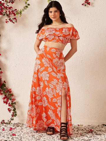 Women Orange Printed Off Shoulder Crop Top With Flared Skirt Co-Ords Set VitansEthnics