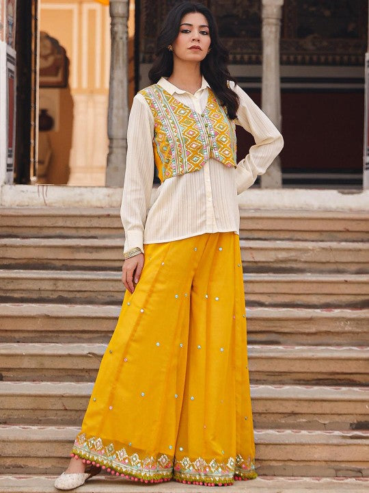 Women Striped Shirt With Palazzos & Embroidered Jacket Set Indo-Western Outfit VitansEthnics