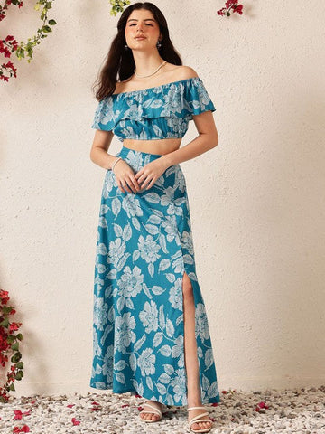 Women Blue Printed Off Shoulder Crop Top With Flared Skirt Co-Ords Set VitansEthnics