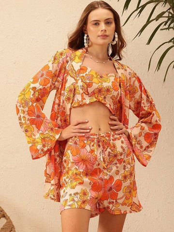 Women Floral Printed Sleeveless Top With Shorts & Shrug Co-Ords Set VitansEthnics