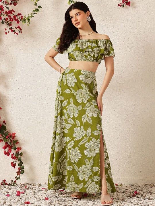 Women Green Printed Off Shoulder Crop Top With Flared Skirt Co-Ords Set VitansEthnics
