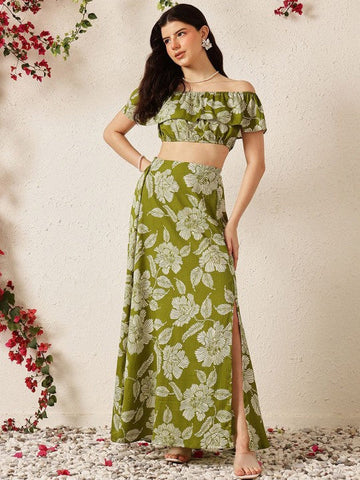 Women Green Printed Off Shoulder Crop Top With Flared Skirt Co-Ords Set VitansEthnics