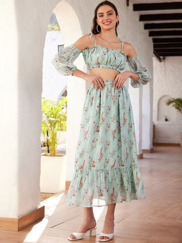 Women Green Printed Cold Shoulder Crop Top & Skirt Co-Ords Set VitansEthnics