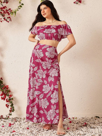 Women Pink Printed Off Shoulder Crop Top With Flared Skirt Co-Ords Set VitansEthnics
