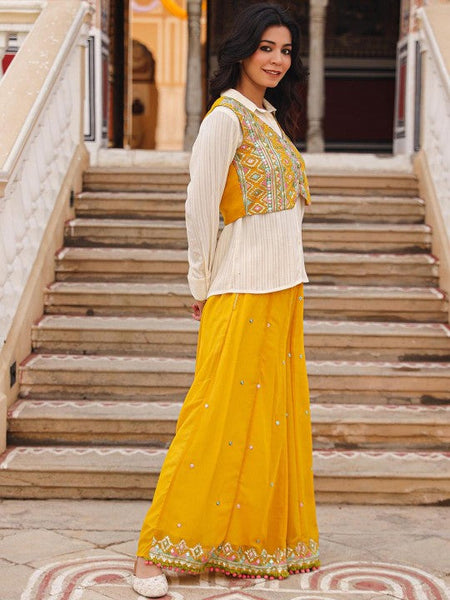 Women Striped Shirt With Palazzos & Embroidered Jacket Set Indo-Western Outfit VitansEthnics