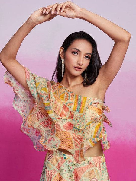 Women Floral Printed One Shoulder Ruffles Top With Palazzo Co-Ords Set VitansEthnics
