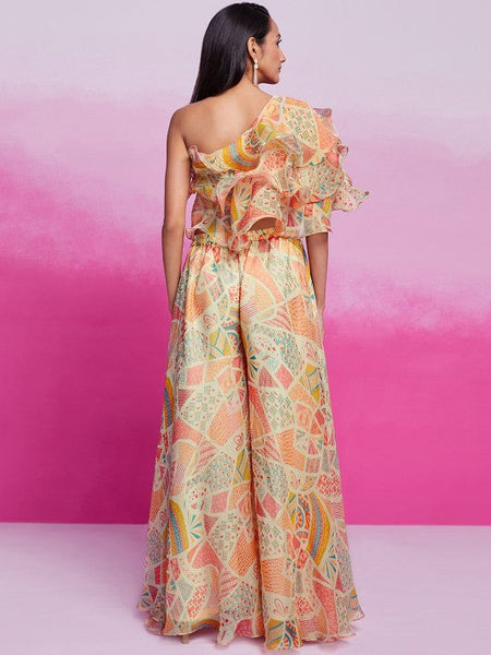 Women Floral Printed One Shoulder Ruffles Top With Palazzo Co-Ords Set VitansEthnics