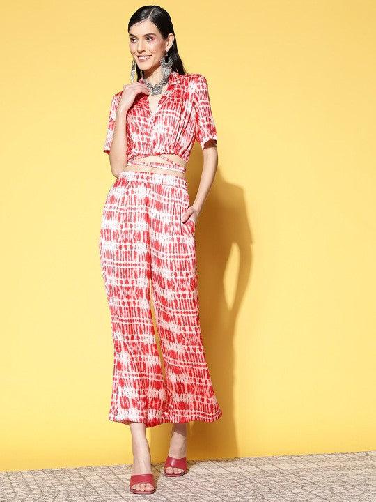 Women Red & White Tie & Dye Printed Satin Top With Palazzos Co-Ords Set VitansEthnics