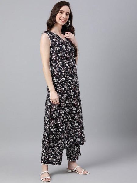 Women Black Cotton Floral Print Tunic With Palazzo Set VitansEthnics