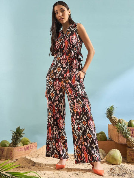 Women Brown Printed Sleeveless Top With Trousers Co-Ords Set Indo-Western Outfit VitansEthnics