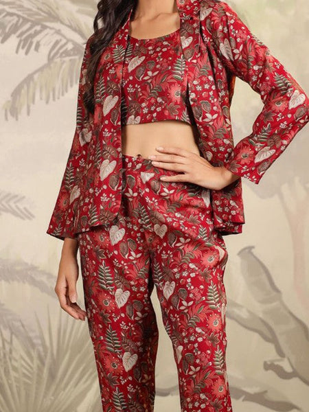 Women Floral Printed Scoop Neck Crop Top, Jacket With Trousers Co-Ords Set Indo Western Fusion Outfit VitansEthnics