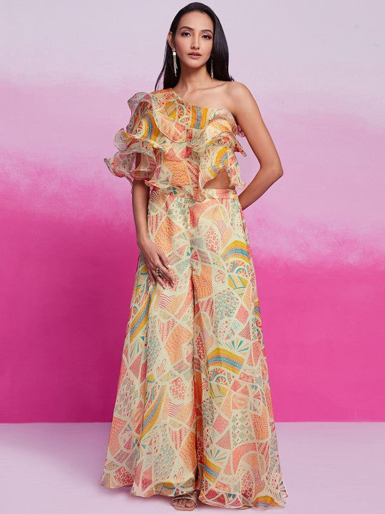 Women Floral Printed One Shoulder Ruffles Top With Palazzo Co-Ords Set VitansEthnics