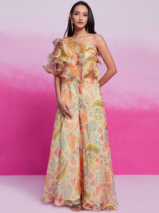 Women Floral Printed One Shoulder Ruffles Top With Palazzo Co-Ords Set VitansEthnics