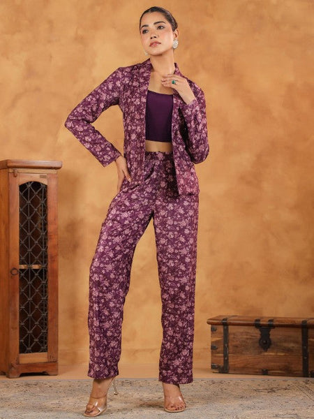 Women Floral Printed Scoop Neck Crop Top, Jacket With Trousers Co-Ords Set Indo Western Fusion Outfit VitansEthnics