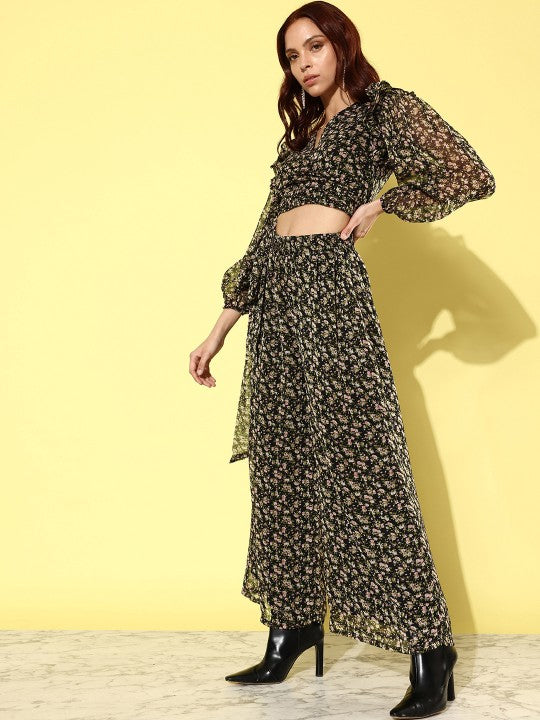 Women Black & Peach Printed V-Neck Ruffled Crop Top With Flared Palazzos Co-ords Set VitansEthnics