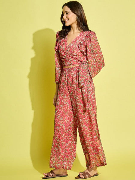 Women Pink & Beige Printed Top With Palazzos Co-ords Set VitansEthnics