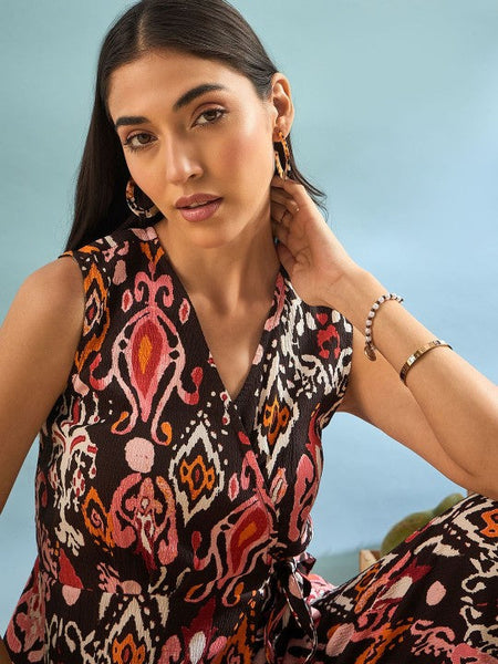 Women Brown Printed Sleeveless Top With Trousers Co-Ords Set Indo-Western Outfit VitansEthnics