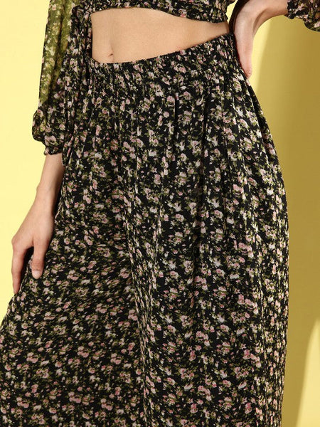 Women Black & Peach Printed V-Neck Ruffled Crop Top With Flared Palazzos Co-ords Set VitansEthnics