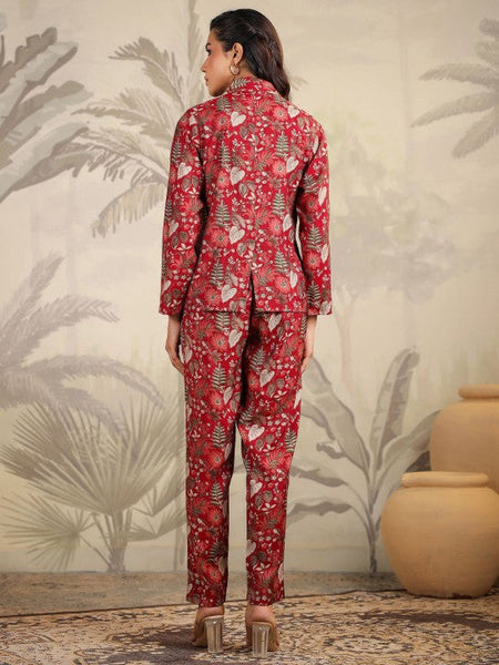 Women Floral Printed Scoop Neck Crop Top, Jacket With Trousers Co-Ords Set Indo Western Fusion Outfit VitansEthnics