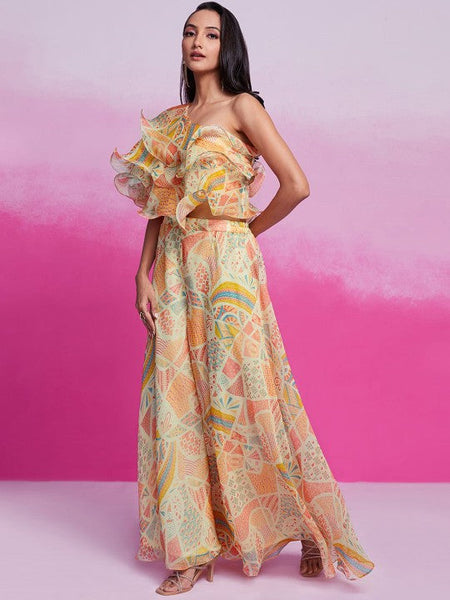 Women Floral Printed One Shoulder Ruffles Top With Palazzo Co-Ords Set VitansEthnics