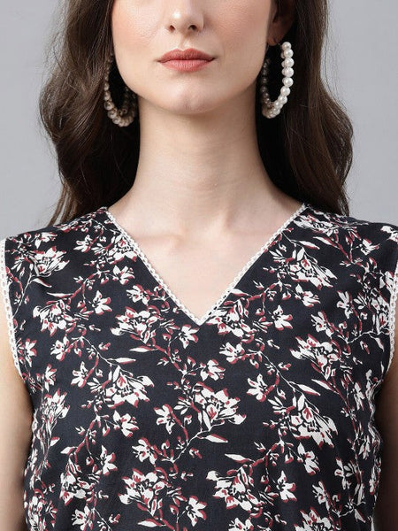 Women Black Cotton Floral Print Tunic With Palazzo Set VitansEthnics