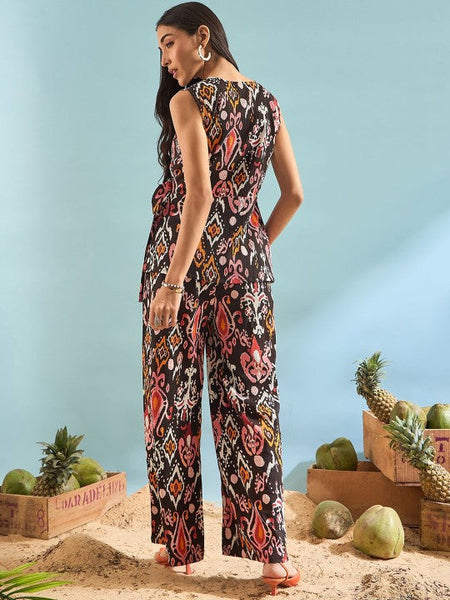 Women Brown Printed Sleeveless Top With Trousers Co-Ords Set Indo-Western Outfit VitansEthnics