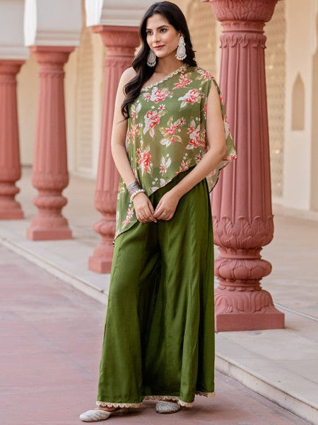 Women Floral Printed One Shoulder Top With Palazzo Indo Western Fusion Outfit VitansEthnics