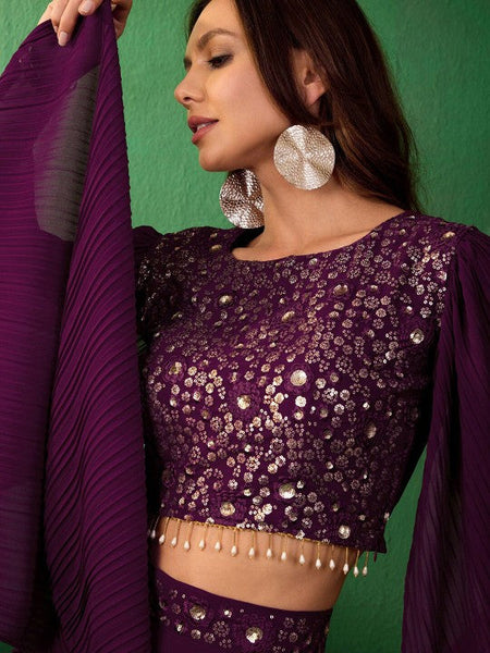 Women Floral Embroidered Sequined Crop Top With Palazzo Indo Western Fusion Outfit VitansEthnics