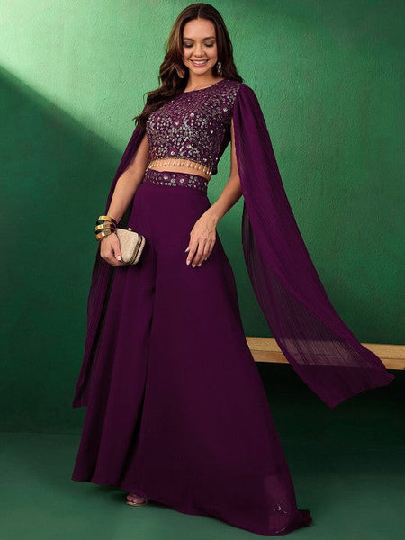 Women Floral Embroidered Sequined Crop Top With Palazzo Indo Western Fusion Outfit VitansEthnics