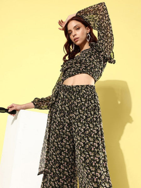 Women Black & Peach Printed V-Neck Ruffled Crop Top With Flared Palazzos Co-ords Set VitansEthnics