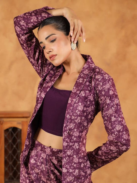 Women Floral Printed Scoop Neck Crop Top, Jacket With Trousers Co-Ords Set Indo Western Fusion Outfit VitansEthnics
