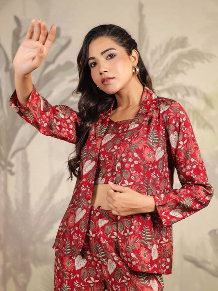 Women Floral Printed Scoop Neck Crop Top, Jacket With Trousers Co-Ords Set Indo Western Fusion Outfit VitansEthnics