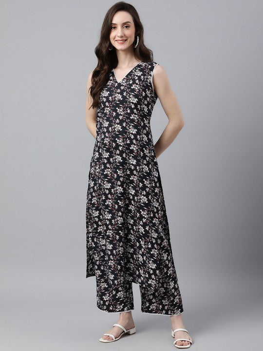 Women Black Cotton Floral Print Tunic With Palazzo Set VitansEthnics