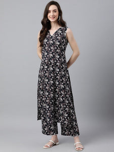 Women Black Cotton Floral Print Tunic With Palazzo Set VitansEthnics