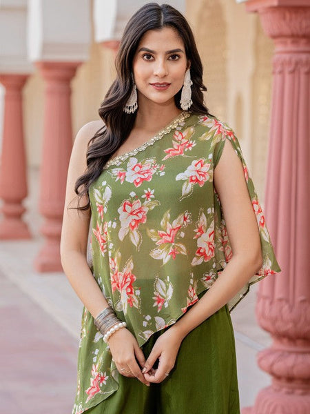 Women Floral Printed One Shoulder Top With Palazzo Indo Western Fusion Outfit VitansEthnics