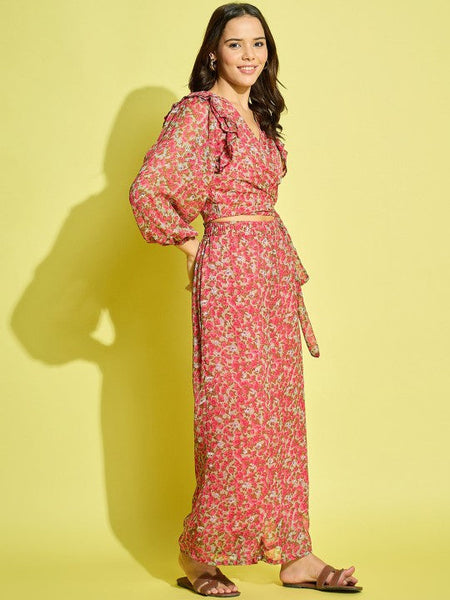 Women Pink & Beige Printed Top With Palazzos Co-ords Set VitansEthnics