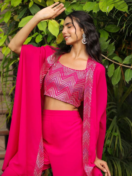 Women Embroidered Top With Trousers & Cape Co-Ords Set Indo Western Fusion Outfit VitansEthnics