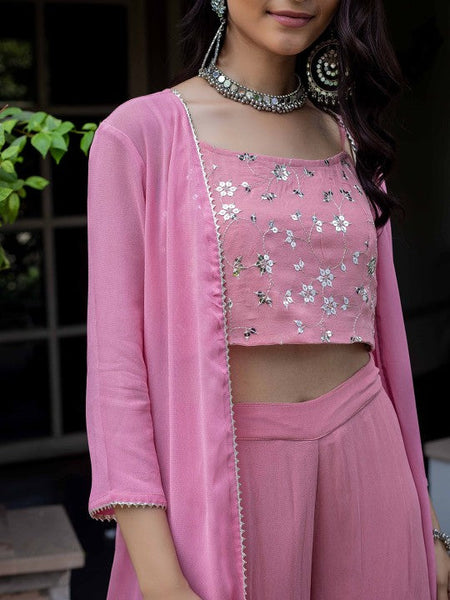 Women Embroidered Crop Top With Shrug & Palazzos Indo Western Fusion Outfit VitansEthnics