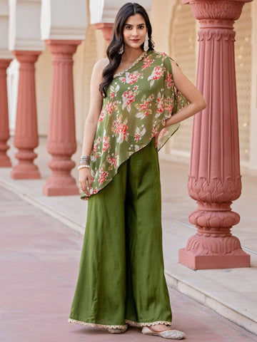 Women Floral Printed One Shoulder Top With Palazzo Indo Western Fusion Outfit VitansEthnics