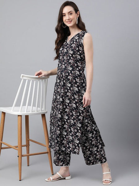 Women Black Cotton Floral Print Tunic With Palazzo Set VitansEthnics