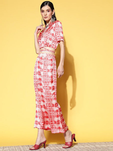 Women Red & White Tie & Dye Printed Satin Top With Palazzos Co-Ords Set VitansEthnics