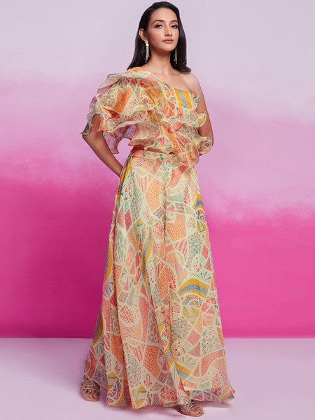 Women Floral Printed One Shoulder Ruffles Top With Palazzo Co-Ords Set VitansEthnics